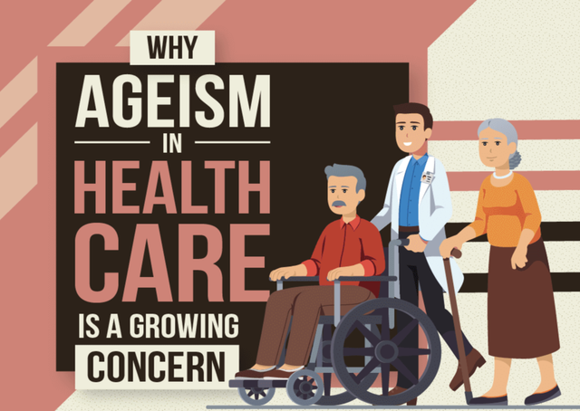 The image depicts a healthcare setting with a bold message about ageism. It features three individuals: an older man in a wheelchair, an older woman with a cane, and a young doctor. The text "Why Ageism in Health Care is a Growing Concern" is prominently displayed, highlighting the issue of discrimination against older people in healthcare. The image suggests the need for greater understanding and sensitivity towards the needs of aging individuals to ensure equitable access to healthcare. The contrasting colors and graphic design create a visually striking and impactful message, encouraging viewers to consider the importance of addressing ageism in healthcare. 