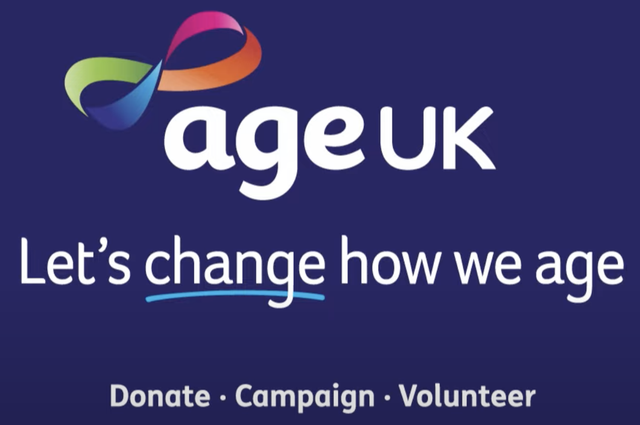 A promotional graphic for Age UK, highlighting the campaign slogan "Let's change how we age" and encouraging donations, volunteerism, and campaign participation, featuring the Age UK logo prominently in the top portion of the image. The logo is a stylized infinity symbol in various colors, overlaid on a dark blue background.  