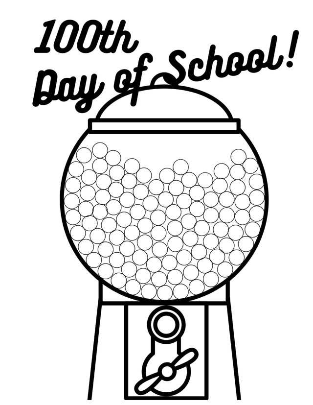 The image is a black and white line drawing of a gumball machine. The machine is full of gumballs and has a crank on the bottom. The text "100th Day of School!" is written above the machine in a bold, stylized font. The image is likely intended to celebrate the 100th day of school. It is simple and whimsical, making it suitable for use in a classroom or on a school-related website.  The image could be used as a coloring page, a printable, or a digital illustration.