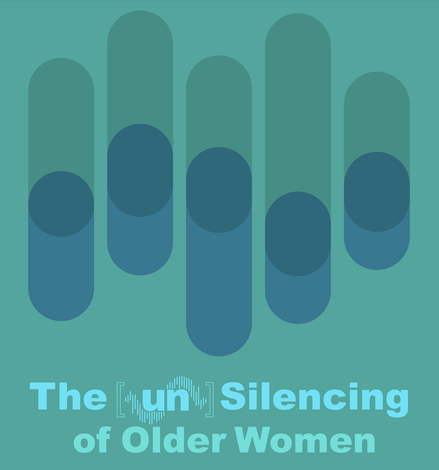 Generated Description:
The image features a graphic design with a teal green background. Five vertical teal-colored cylinders are arranged horizontally across the image. Each cylinder has a smaller circle inside of it which is also teal. The cylinders are arranged in a way that creates a visual representation of a sound wave. The text "The [un] Silencing of Older Women" is written in a bold, teal font at the bottom of the image. 