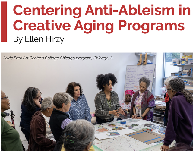 Eye-level view of a group of women, predominantly older adults, gathered around a large table in what appears to be an art studio or community center. With the text Centering Anti-Ableism in Creative Aging Programs by Ellen Hirzy 