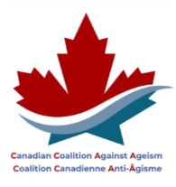 A maple leaf, the top half is red and a white curved line sweeps through it's center. The bottom right portion of the maple leaf is blue. Beneath it are the words "Canadian Coalition Against Ageism" in both English and French.