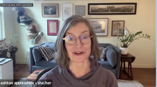 Ashton Applewhite speaking on zoom