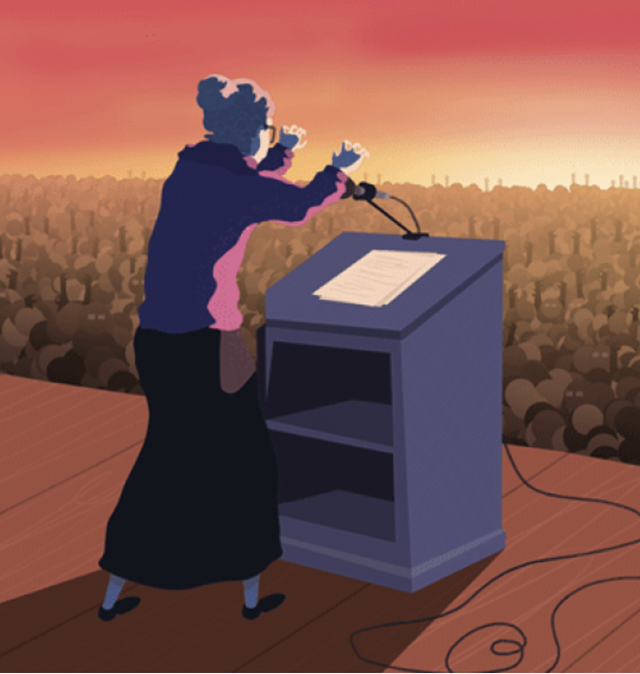 The illustration depicts Maggie Kuhn standing behind a podium, addressing a large crowd. She is wearing a blue jacket over a pink shirt and a black skirt. Her hair is tied back in a bun, and she is wearing glasses. She is speaking passionately, with her hands raised in the air. The crowd is represented by a sea of heads, all looking up at her. The background is a sunset sky, with a warm orange and pink hue.  The scene suggests that Kuhn is giving an important speech, perhaps a political rally or a public address. The image captures a moment of energy and excitement, as Kuhn connects with her audience and delivers a powerful message. 