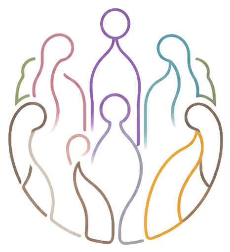 A minimalist line-art illustration depicting a diverse group of stylized human figures of varying heights and ages, rendered in different colors (purple, teal, pink, brown, orange, and gray), standing closely together in a protective, community-like cluster.