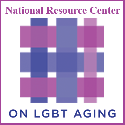 A three row by three column crosshatch pattern of pink and purple rectangles with "National Resource Center" above it and "on LGBT Aging" below it.