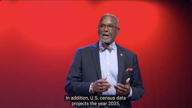 The image shows a man wearing a suit and bow tie, standing in front of a solid red background. He is speaking, and his hands are gesturing. Text at the bottom of the image reads "In addition, U.S. census data projects the year 2035."