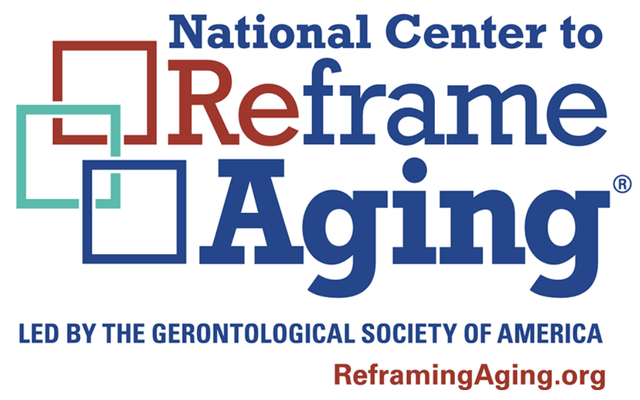 The logo features the text "National Center to Reframe Aging" in bold blue letters. The word "Reframe" is in red, while the rest of the text is in blue. The logo also includes three overlapping squares in red, blue, and teal. The bottom of the logo reads "LED BY THE GERONTOLOGICAL SOCIETY OF AMERICA" in blue letters, and "ReframingAging.org" in red letters. The logo for the National Center to Reframe Aging emphasizes the importance of changing perspectives on aging through a bold and visually striking design. The overlapping squares represent the idea of reframing, while the blue color scheme evokes a sense of professionalism and trust. The logo effectively communicates the center's mission to promote positive aging by showcasing its affiliation with the Gerontological Society of America.