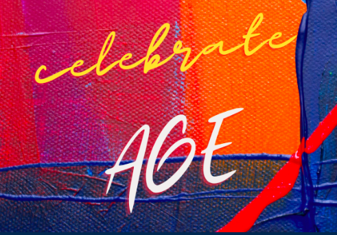 The text "Celebrate Age" in cursive writing on a background of orange and blue that appears to be part of a painting.