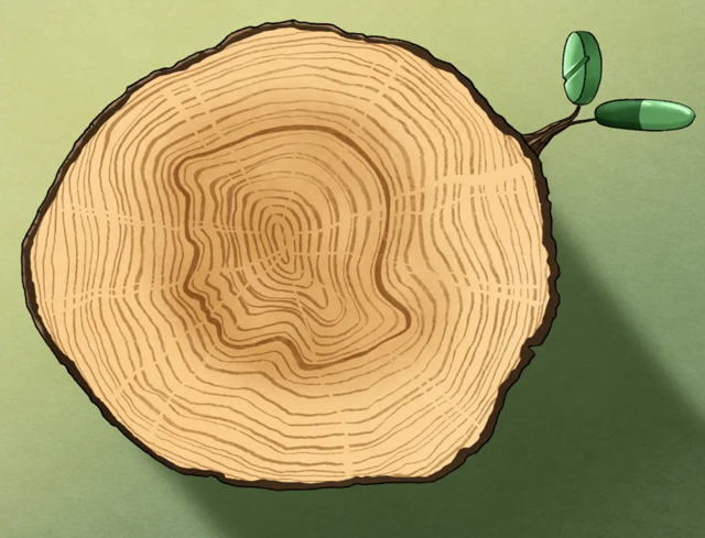 A cross-section of a tree trunk with growth rings that subtly form the silhouette of a human face sits against a green background, with a small stem bearing two green pod-like shapes sprouting from its upper right edge.