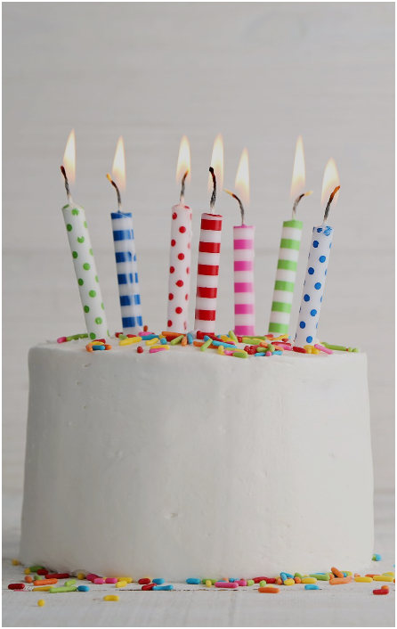 A birthday cake with lit candles