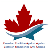 A maple leaf, the top half is red and a white curved line sweeps through it's center. The bottom right portion of the maple leaf is blue. Beneath it are the words "Canadian Coalition Against Ageism" in both English and French.