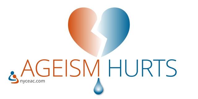 A broken heart, the left side is burnt orange and the right side is blue. Under it is the phrase "Ageism Hurts" and a teardrop below that. In the bottom left corner is an abstract image of two people embracing next to nyceac.com