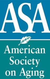 The letters "A S A" in front of a blue background. Below that, the words "American Society on Aging" on a green background. They are separated by a white line with a white leaf in the center of it.