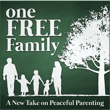 The text "One Free Family" with a family of two parents and three children standing beside a large tree, all in a white shadow with a green background. Below is the phrase "A new take on peaceful parenting"