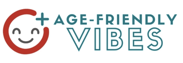 A digitally created smiley face with a red semi-circle broken by a green plus sign in the upper right corner. To the right of that, in green lettering are the words "Age Friendly Vibes"