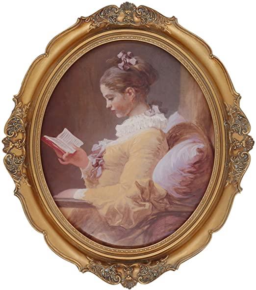 A framed stereotypical image of an older woman from the 18th century