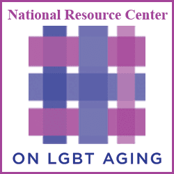 A three row by three column crosshatch pattern of pink and purple rectangles with "National Resource Center" above it and "on LGBT Aging" below it.