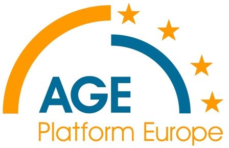 The text "Age Platform Europe" under a blue arch that extends from right to left and ends in the middle of the image. Above that is a yellow arch made of stars from right to center and then a solid line from the center to the bottom left.