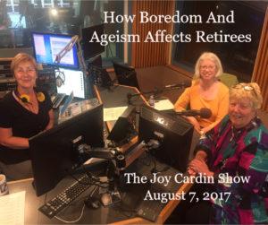 Joy Cardin, Carol Larson, and Mary Helen Conroy in a radio booth doing the recording of this podcast.